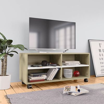 vidaXL tv-bord med hjul 90x35x35 cm konstrueret træ hvid og sonoma-eg