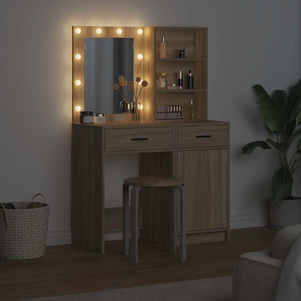 vidaXL Makeupbord s&aelig;t med LED med d&oslash;r 2 pcs Sonoma eg Konstrueret tr&aelig;