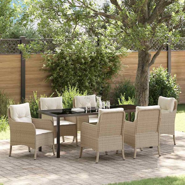 vidaXL Have Spisebordss&aelig;t med pude 7 pcs Beige polyrattan