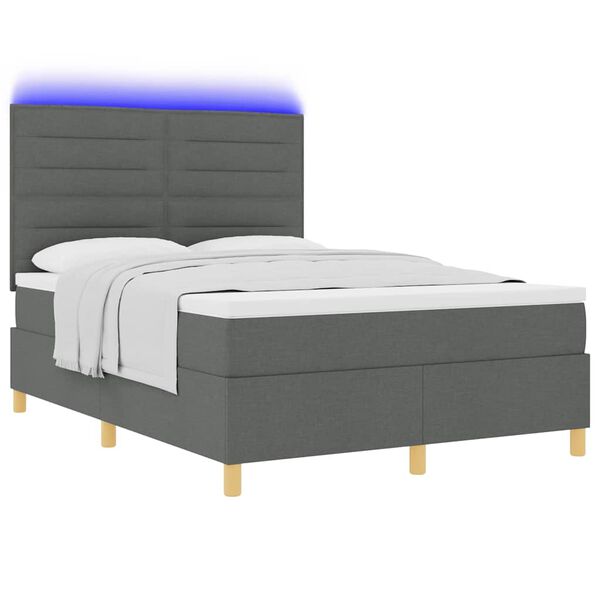 vidaXL LED Box Spring Bed med madras M&oslash;rkegr&aring; 140 x 200 cm Stof