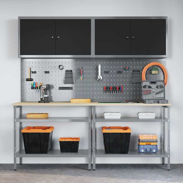 vidaXL Arbejdsbænk sæt med hylde med opbevaring Indstillelig Grå Stål