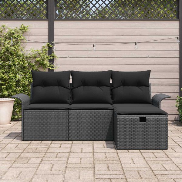 vidaXL Havesofa S&aelig;t med pude med opbevaring 4 pcs Sort polyrattan