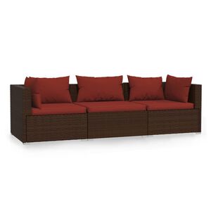 vidaXL 3-personers sofa med hynder polyrattan brun