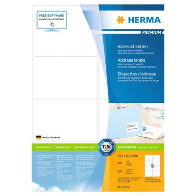 HERMA permanente adresseetiketter A4 99,1x67,7 mm 100 ark hvid