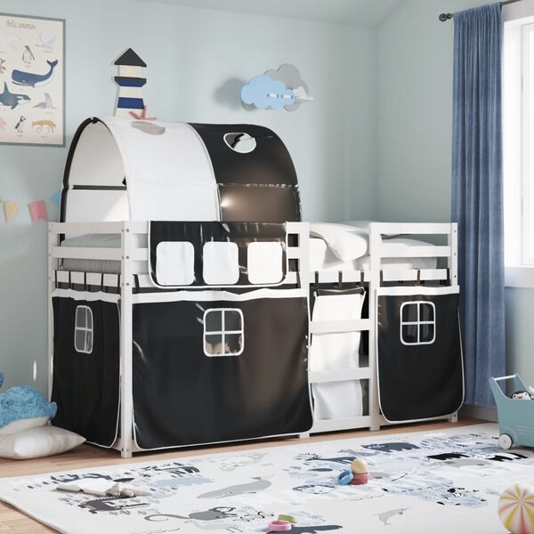 vidaXL køjeseng med gardiner 90x190 cm massivt fyrretræ hvid og sort