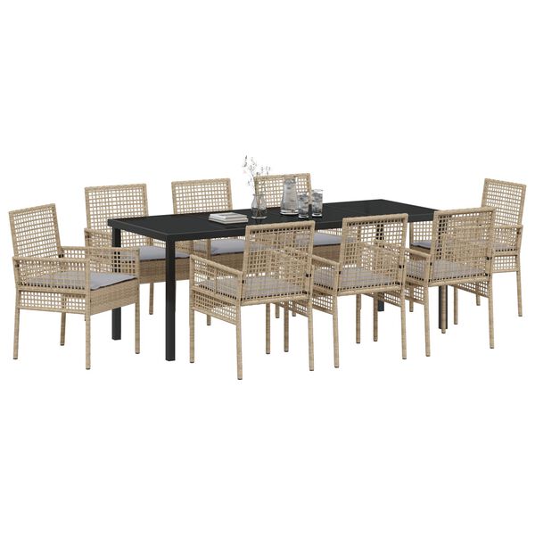 vidaXL Have Spisebordss&aelig;t med pude 9 pcs Beige polyrattan