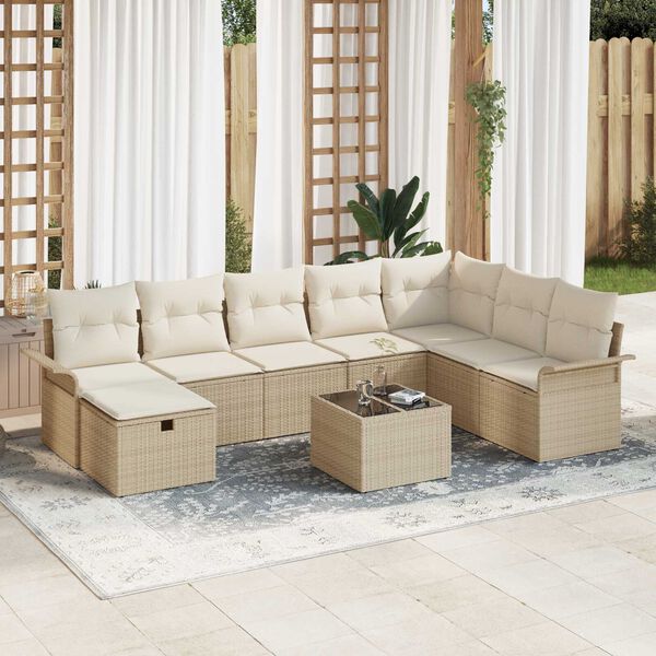vidaXL Havesofa S&aelig;t med pude med opbevaring 9 pcs Beige Poly rattan