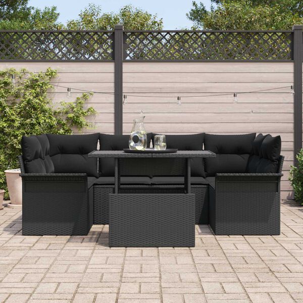 vidaXL Havesofa Sæt med pude med opbevaring 7 pcs Sort Poly Rattan