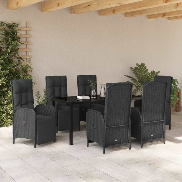vidaXL Have Spisebordss&aelig;t med pude 7 pcs Sort polyrattan