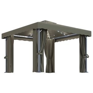 vidaXL pavillon med gardin og LED-lysk&aelig;der 3x3 m gr&aring;brun