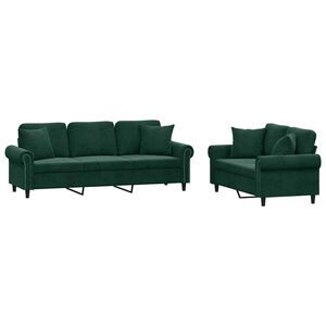 vidaXL sofas&aelig;t 2 dele med puder velour m&oslash;rkegr&oslash;n