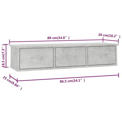 vidaXL vægskab med skuffer 88 x 26 x 18,5 cm spånplade betongrå