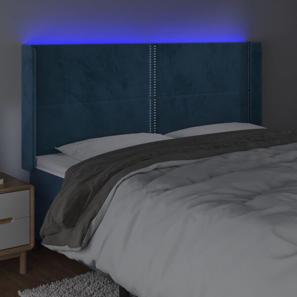 vidaXL sengegavl med LED-lys 163x16x118/128 cm fl&oslash;jl m&oslash;rkebl&aring;