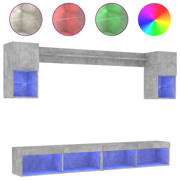 vidaXL tv-m&oslash;bel til v&aelig;g 6 dele med LED-lys konstrueret tr&aelig; betongr&aring;