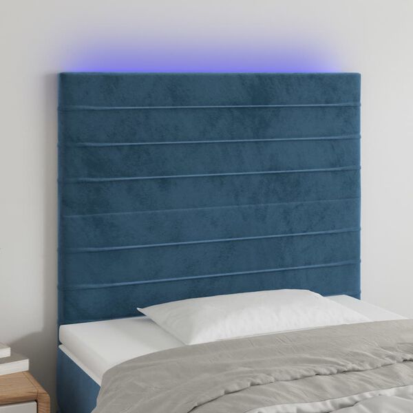 vidaXL sengegavl med LED-lys 80x5x118/128 cm fl&oslash;jl m&oslash;rkebl&aring;