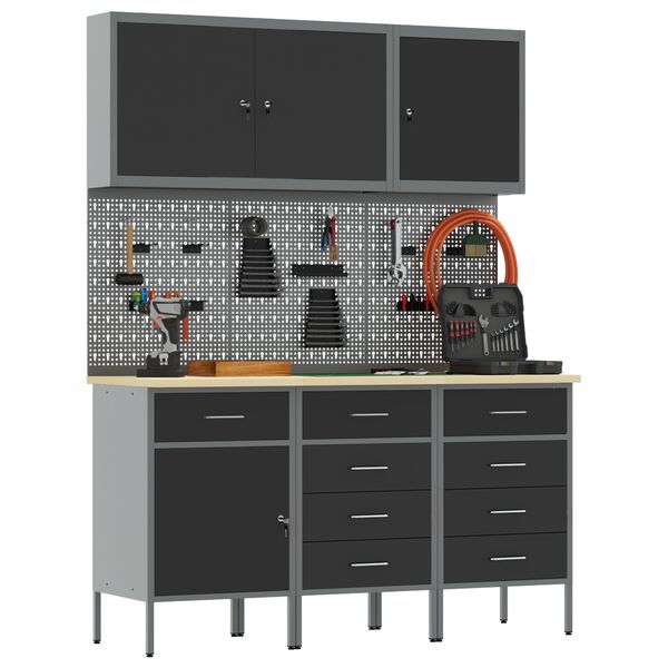 vidaXL Arbejdsskab med skuffe med l&aring;s 8 pcs Sort Ingeni&oslash;rtr&aelig; og st&aring;l