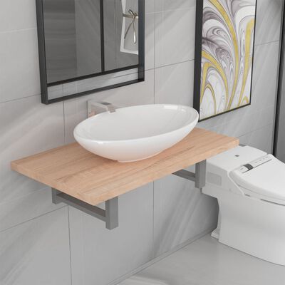 vidaXL keramisk badeværelsesmøbelsæt 2 dele egetræsfarvet