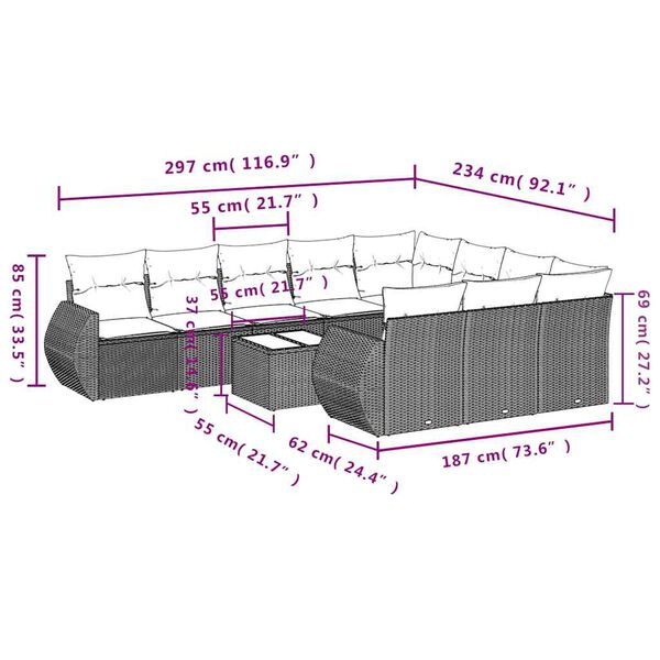 vidaXL sofasæt til haven 11 dele med hynder polyrattan sort