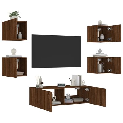 vidaXL væghængt tv-møbel 5 dele med LED-lys brun egetræsfarve