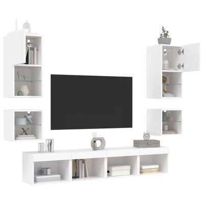 vidaXL tv-møbel til væg 8 dele med LED-lys konstrueret træ hvid
