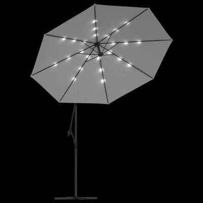 vidaXL hængeparasol med LED-belysning 300 cm sandfarvet metalstang