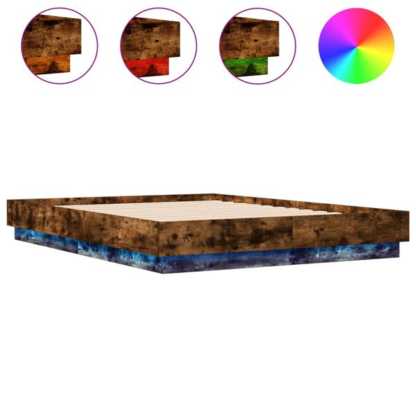 vidaXL sengeramme med LED-lys 135x190 cm r&oslash;get egetr&aelig;sfarve