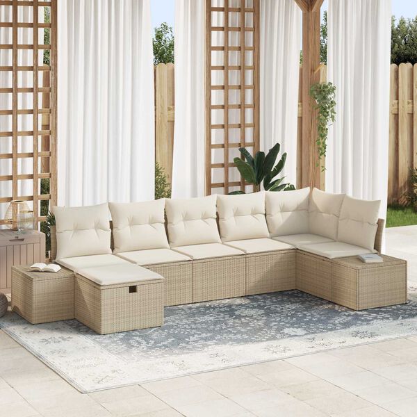vidaXL Havesofa S&aelig;t med pude 7 pcs Beige polyrattan