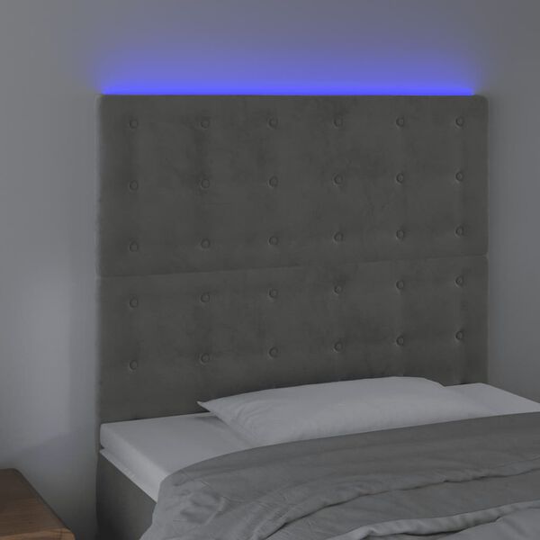 vidaXL sengegavl med LED-lys 100x5x118/128 cm fl&oslash;jl lysegr&aring;