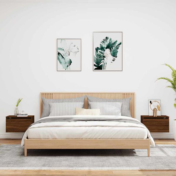 vidaXL v&aelig;gh&aelig;ngte sengeborde 2 stk. med LED-lys brun egetr&aelig;sfarve