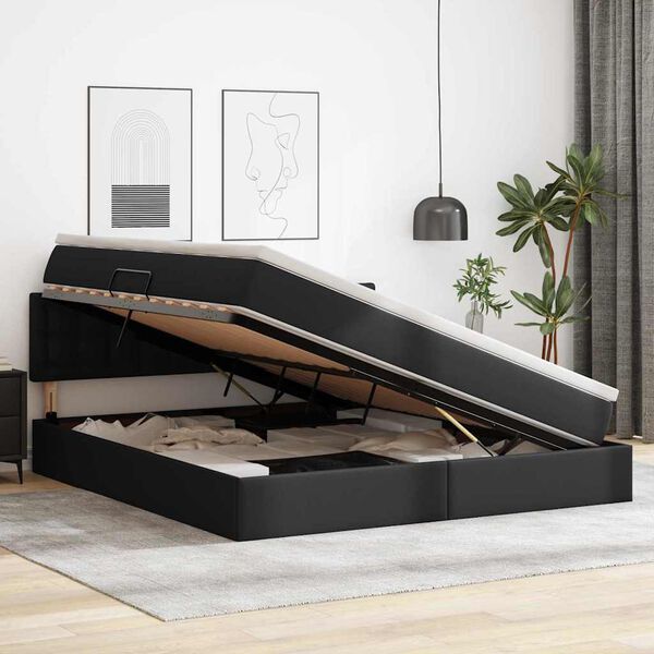 vidaXL Seng med opbevaring og LED Sort 180 x 200 cm Faux l&aelig;der