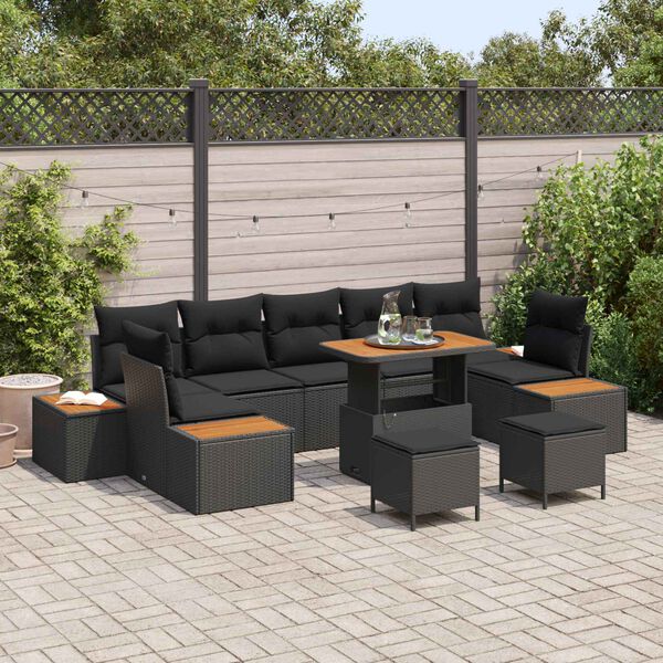 vidaXL Havesofa S&aelig;t med pude 10 pcs Sort Poly rattan
