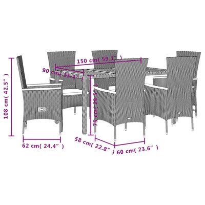 vidaXL spisebordssæt til haven 7 dele med hynder polyrattan sort