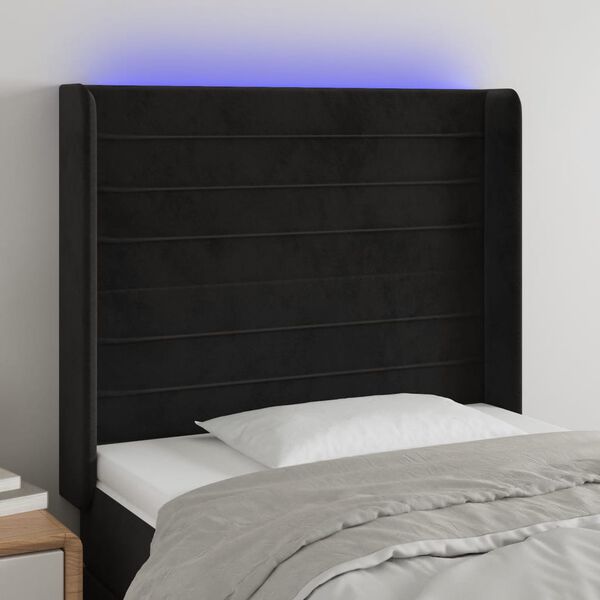 vidaXL sengegavl med LED-lys 103x16x118/128 cm fl&oslash;jl sort