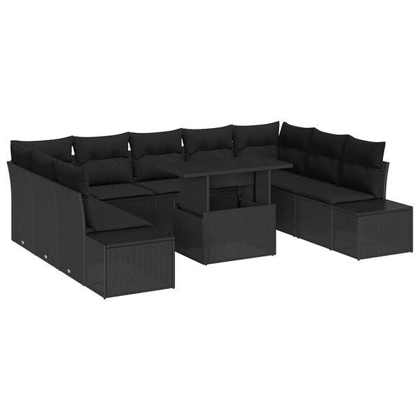 vidaXL Havesofa Sæt med pude 10 pcs Sort polyrattan