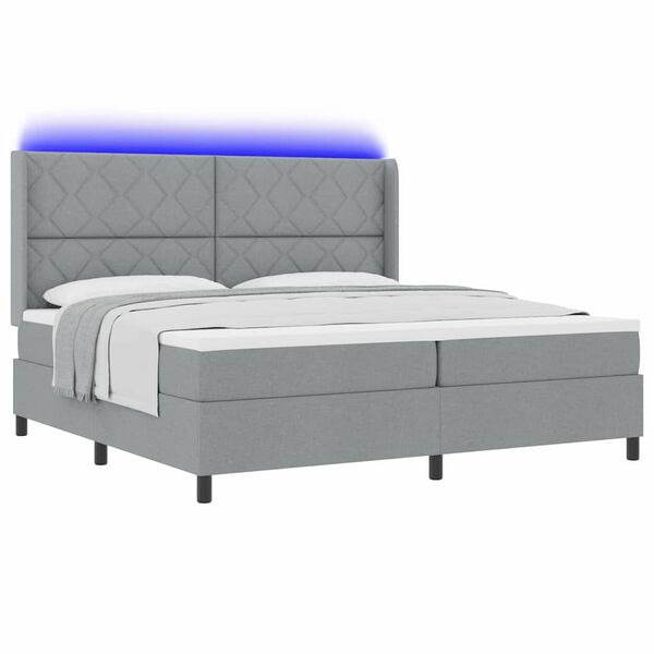 vidaXL LED Box Spring Bed med madras Lysegr&aring; 200 x 200 cm Stof