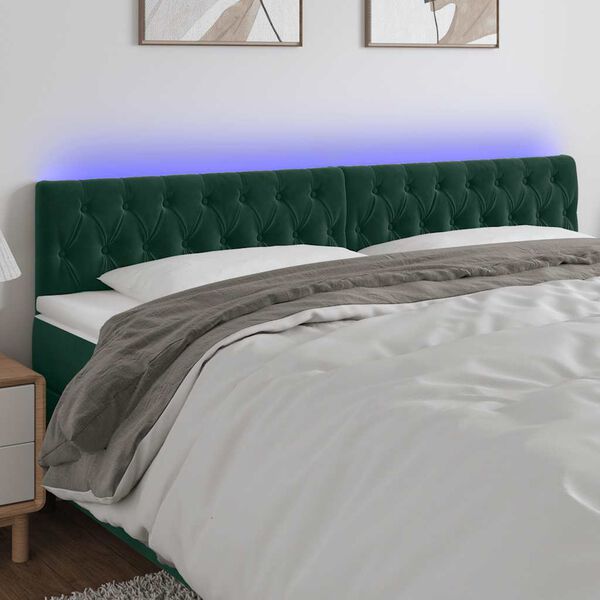 vidaXL sengegavl med LED-lys 200x7x78/88 cm velour m&oslash;rkegr&oslash;n