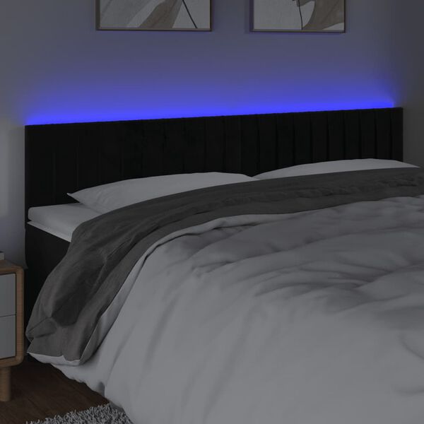 vidaXL sengegavl med LED-lys 160x5x78/88 cm velour sort