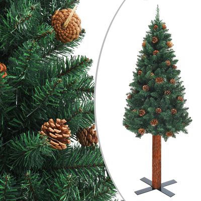 vidaXL smalt juletræ med ægte træ og grankogler 180 cm PVC grøn