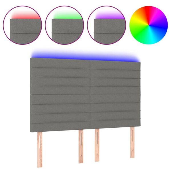 vidaXL sengegavl med LED-lys 144x5x118/128 cm stof m&oslash;rkegr&aring;