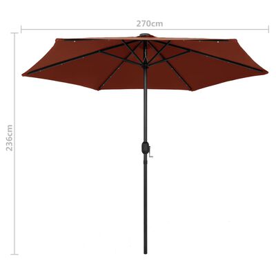 vidaXL udendørs parasol med LED-lys og aluminiumsstang 270 cm terracotta