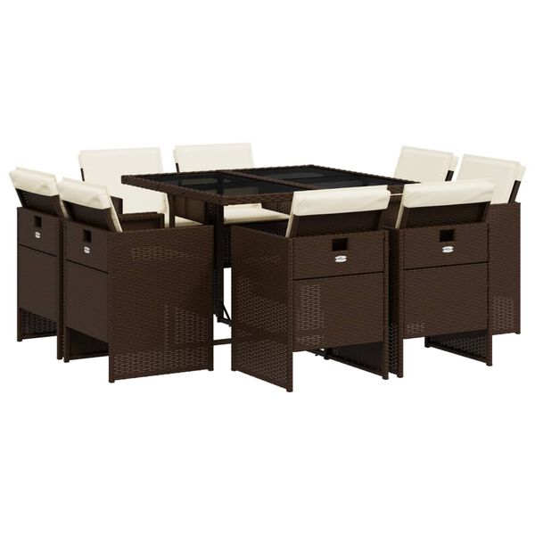 vidaXL spisebordss&aelig;t til haven 9 dele med hynder polyrattan brun