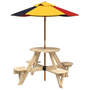 vidaXL picnicbord til 4 b&oslash;rn m. parasol rundt massivt grantr&aelig;