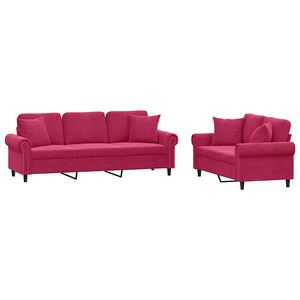 vidaXL sofas&aelig;t 2 dele med puder velour vinr&oslash;d