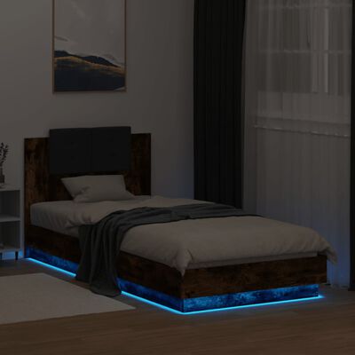 vidaXL sengeramme med sengegavl og LED-lys 90x200 cm røget egetræ