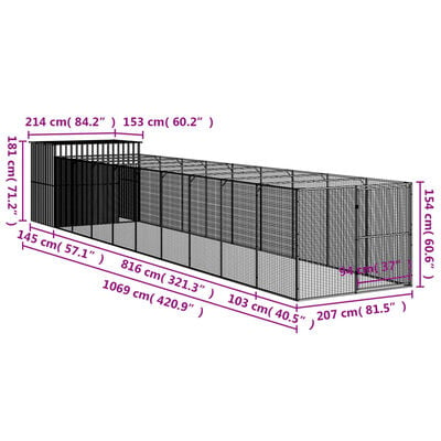 vidaXL hundehus med løbegård 214x1069x181 cm galvaniseret stål lysegrå