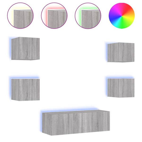 vidaXL v&aelig;gh&aelig;ngt tv-m&oslash;bel 5 dele LED-lys gr&aring; sonoma-eg