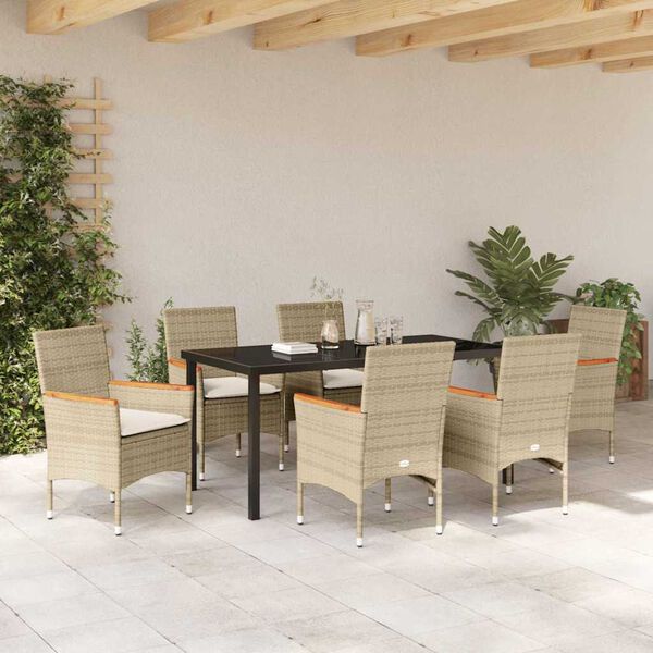 vidaXL Have Spisebordss&aelig;t med pude 7 pcs Beige polyrattan