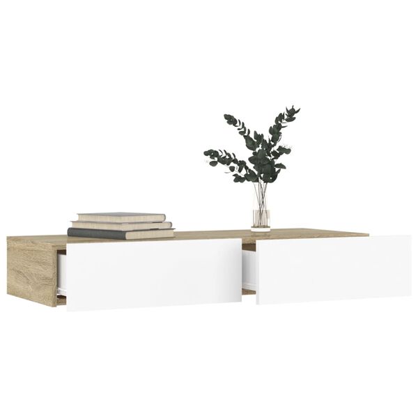 vidaXL tv-bord med LED-lys 90x35x15,5 cm hvid og sonoma-eg