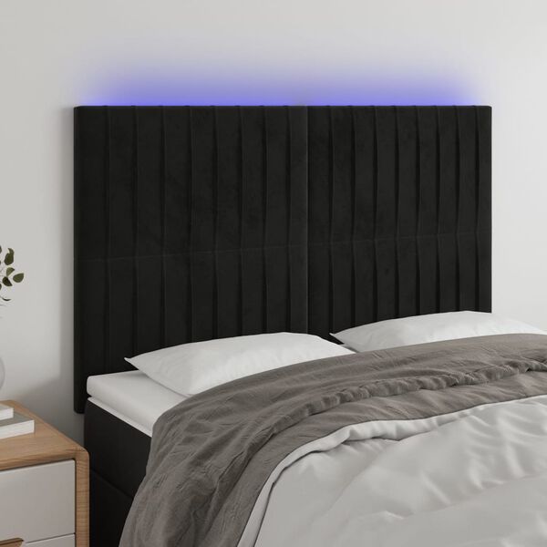 vidaXL sengegavl med LED-lys 144x5x118/128 cm fl&oslash;jl sort