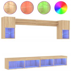 vidaXL tv-m&oslash;bel til v&aelig;g 6 dele med LED-lys konstrueret tr&aelig; sonoma-eg
